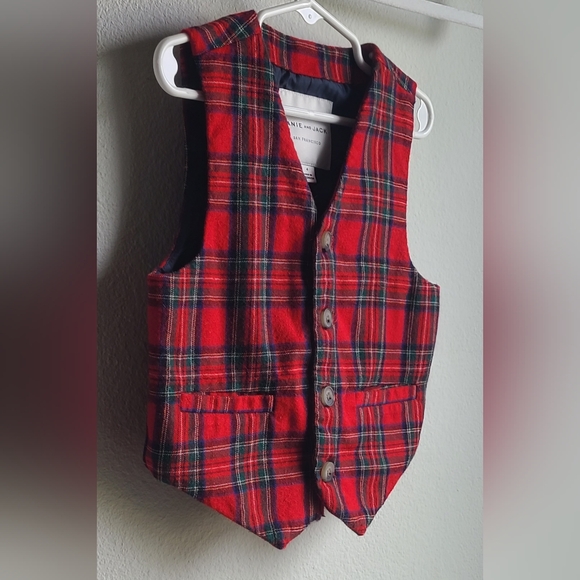 Janie and Jack San Francisco- Boy's Red Blue Plaid Holiday Wool Vest, Sz 4 - Picture 4 of 6